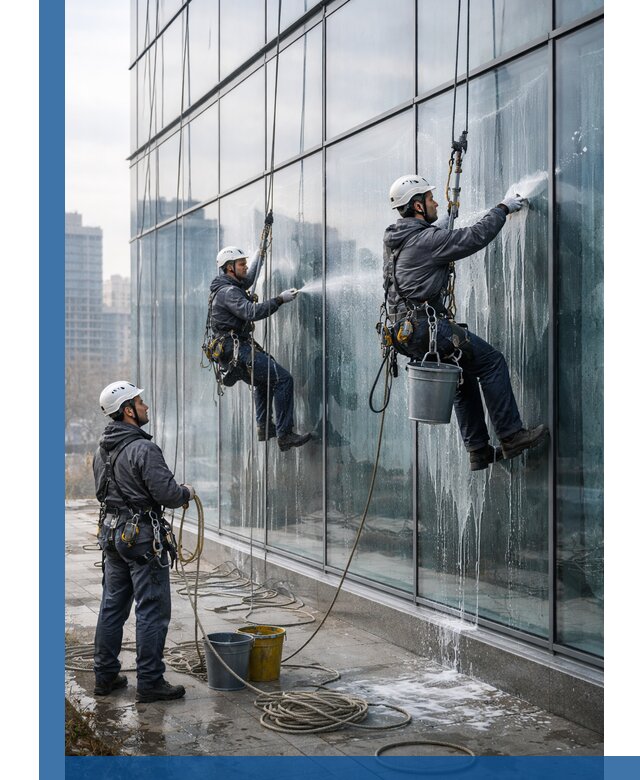 Промышленная мойка панорамных окон на высоте в Ставрополе