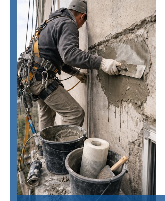 Ремонт бетонных элементов фасада промышленными альпинистами в Ставрополе