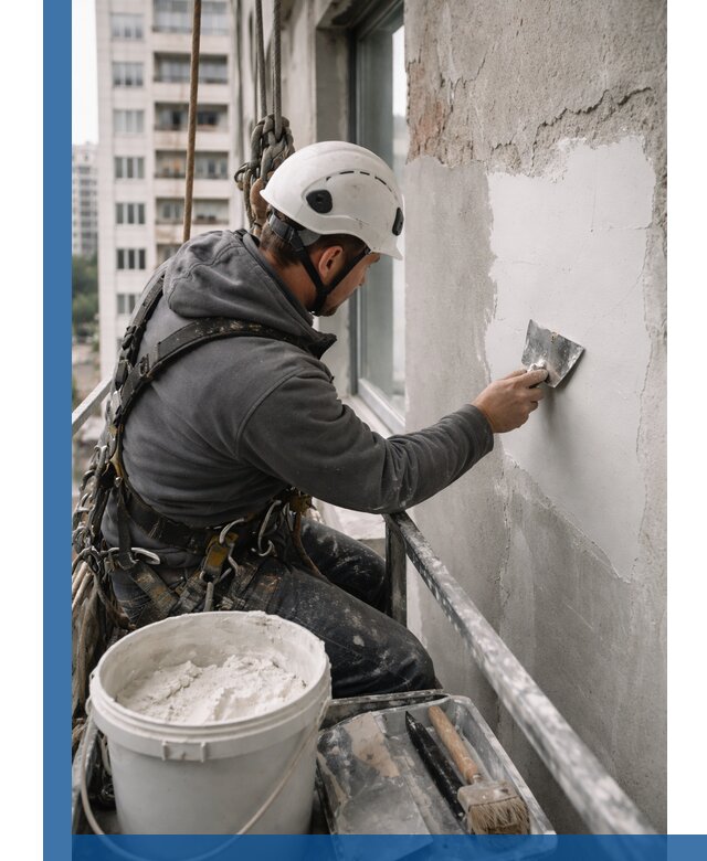 Шпаклевка фасадов на высоте с промальпинистами в Ставрополе