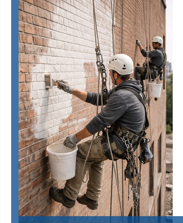 Покраска кирпичного фасада с доступным альпинистским сервисом в Ставрополе