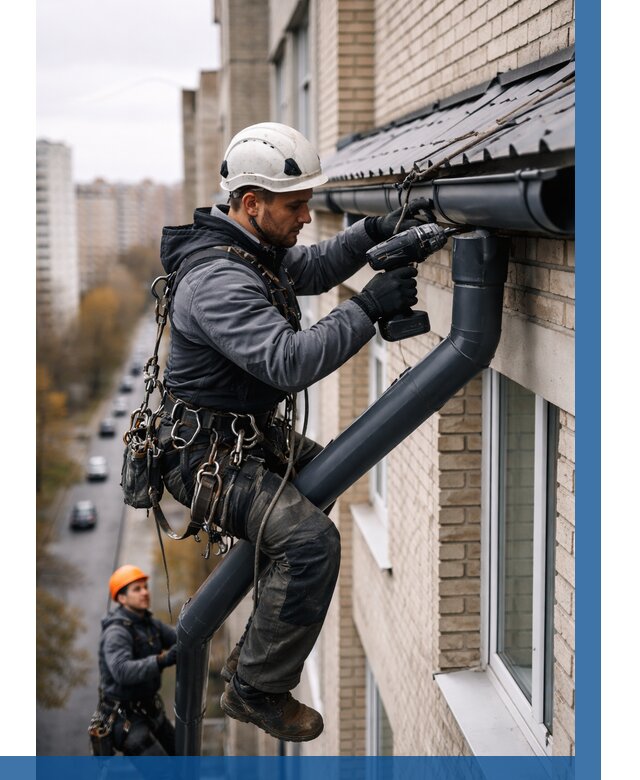 Монтаж водосточной системы на здании в Ставрополе от 5192 р. | ВЫСОТНИК-Ств