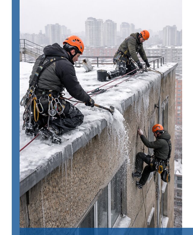 Удаление наледи с кровли в Ставрополе промышленными альпинистами