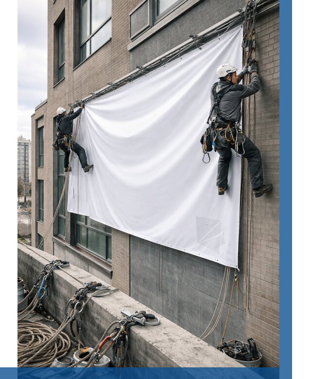 Монтаж баннеров на фасаде в Ставрополе от 675 р. заказать ВЫСОТНИК-Ств