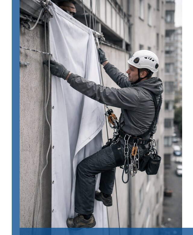 Замена баннерного полотна промышленными альпинистами в Ставрополе