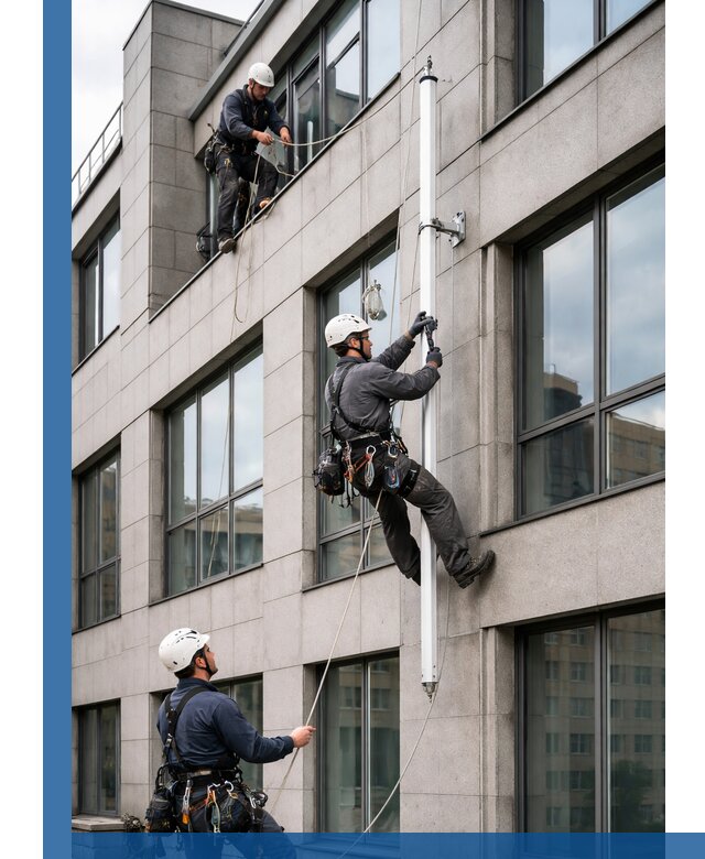 Монтаж флагштока на фасаде здания с креплением и герметикой в Ставрополе