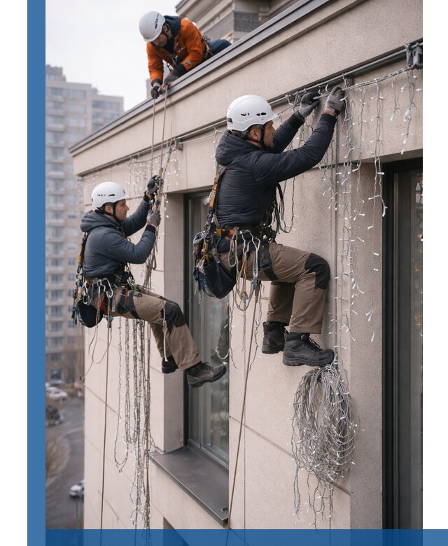 Монтаж праздничных гирлянд на фасаде в Ставрополе для зданий