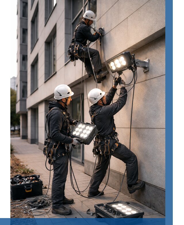 Монтаж прожекторов на фасаде в Ставрополе от 7788 р. | ВЫСОТНИК-Ств