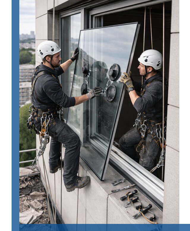 Замена стеклопакетов на высоте с промышленными альпинистами в Ставрополе