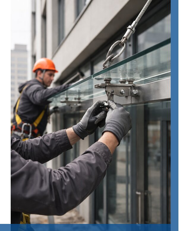 Монтаж стеклянных козырьков в Ставрополе от 8826 р. | ВЫСОТНИК-Ств