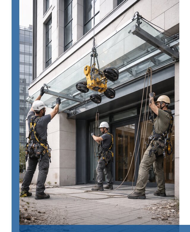 Монтаж стеклянных козырьков под ключ в Ставрополе для зданий