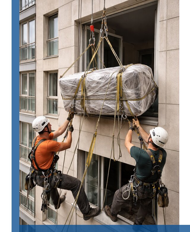 Подъем грузов через окно в Ставрополе промышленными альпинистами